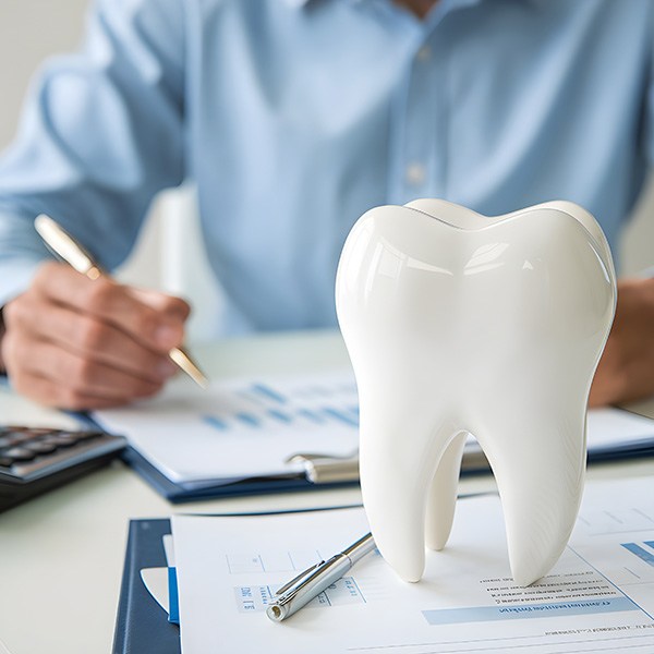 Man in blue shirt calculating invoice with calculator and large model tooth
