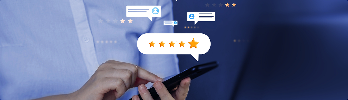 Person leaving a five star review on their phone